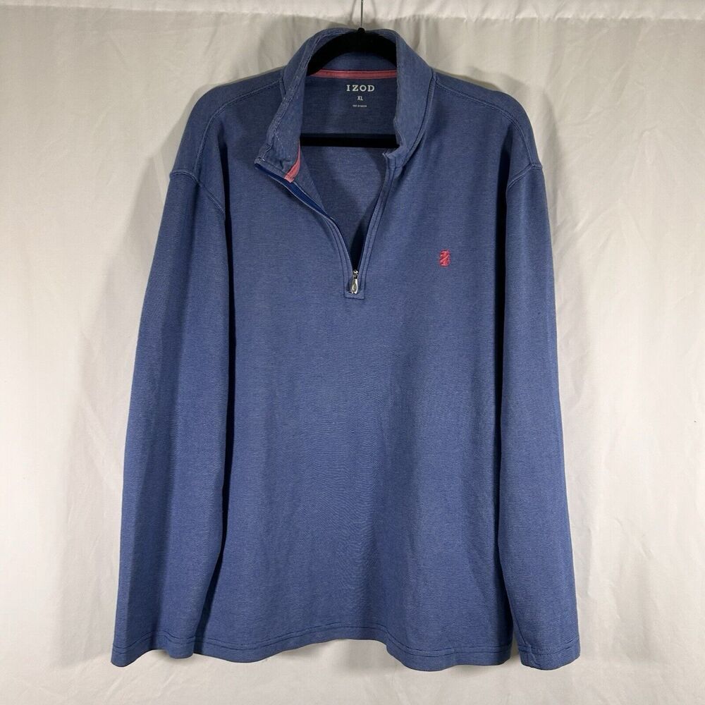 Izod Sweater Men XL Blue Striped 1/4 Zip Mock Neck Soft Long Sleeve Cotton Blend